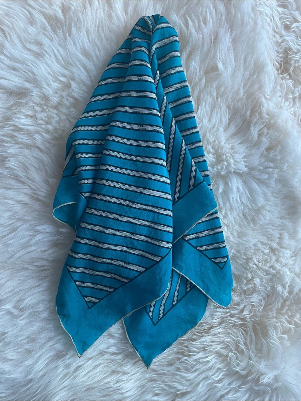 Vintage Square Silk Scarf Neckerchief Teal Blue Geometric Stripe Pattern